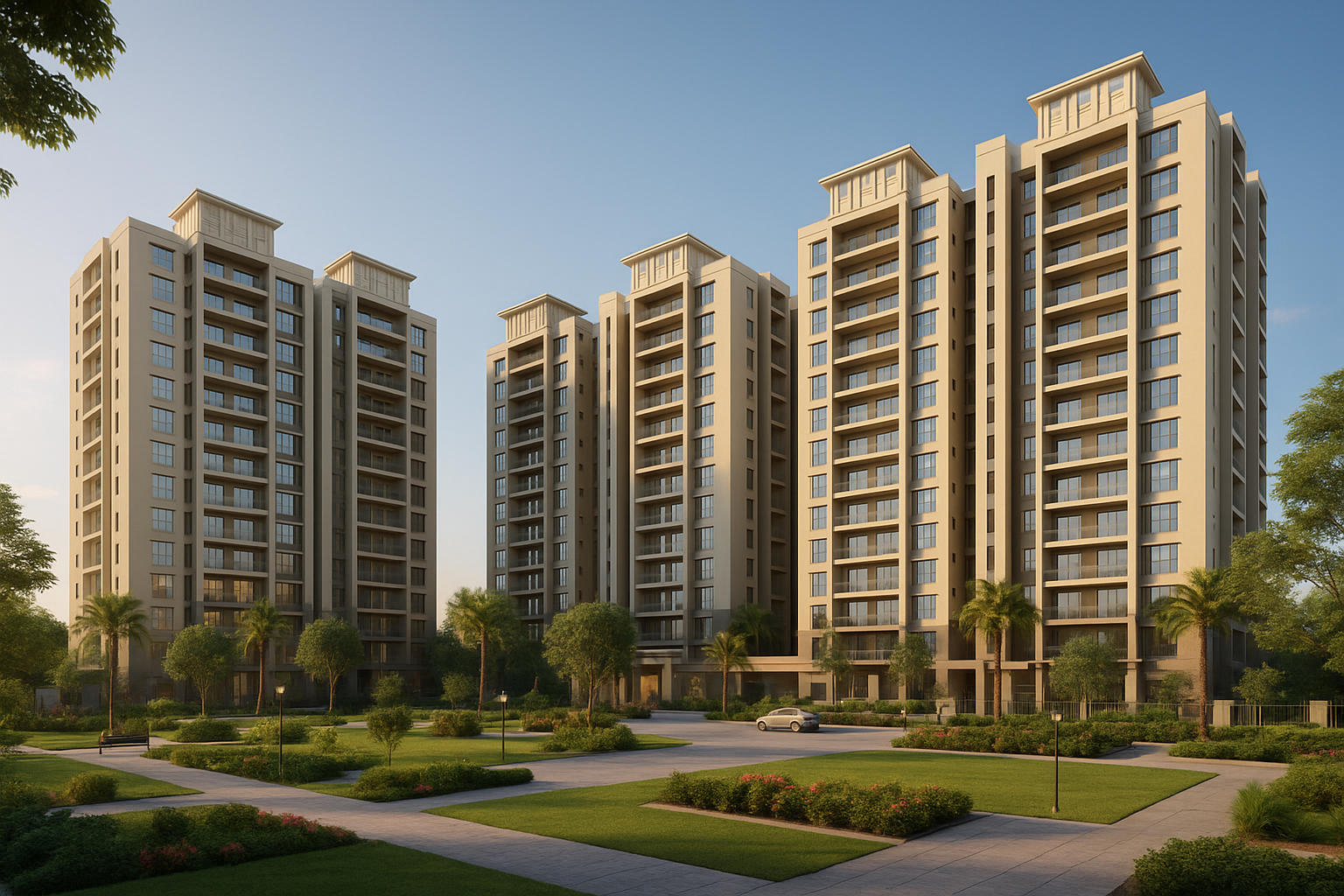 Prestige Oakville photos – 3D render of modern high-rise apartments with landscaped gardens and grand entrance in Whitefield Bangalore